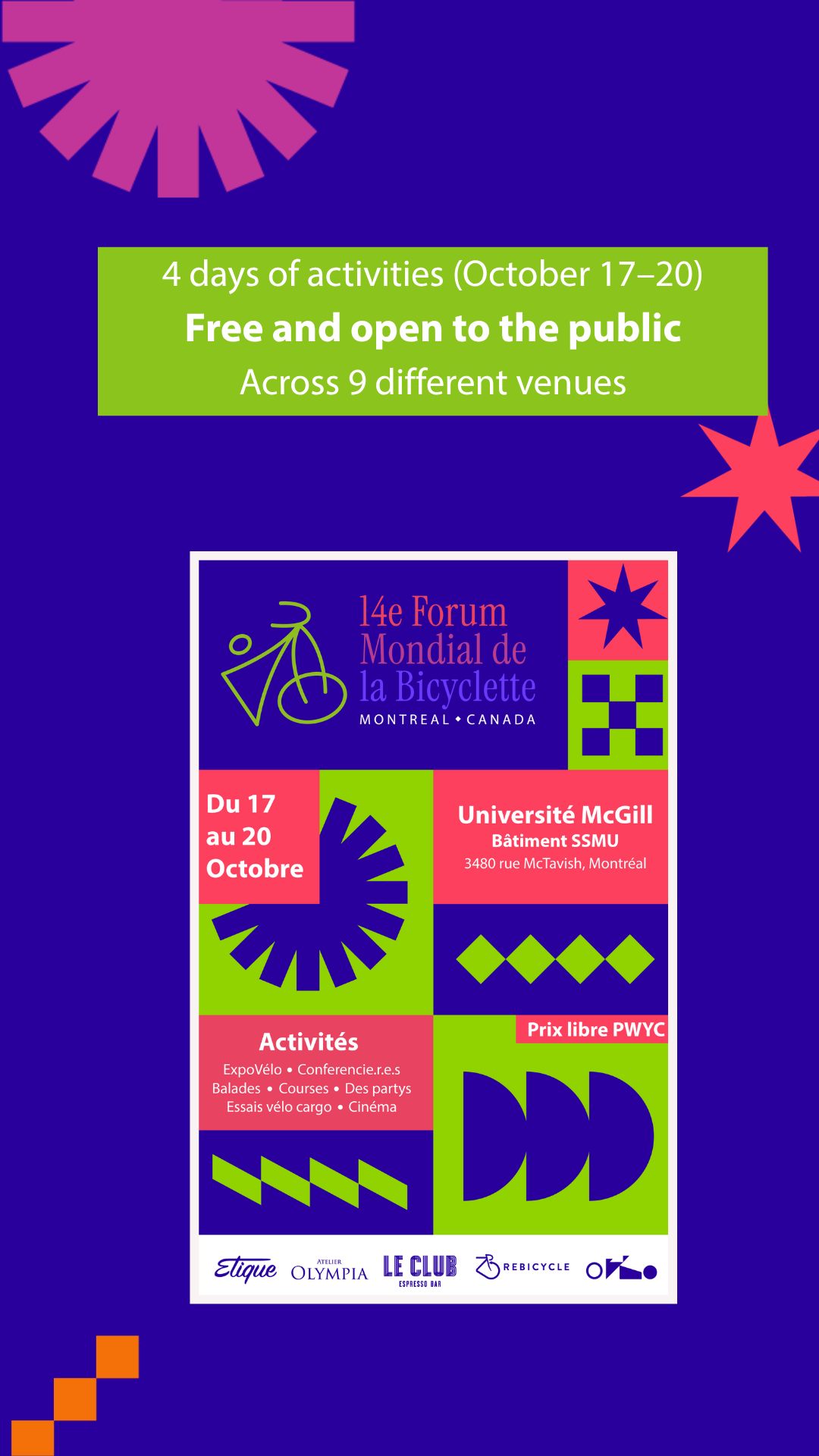 4 days of activities (October 17–20)
Free and open to the public
Hosted for the first time in Canada
Across 9 different venues