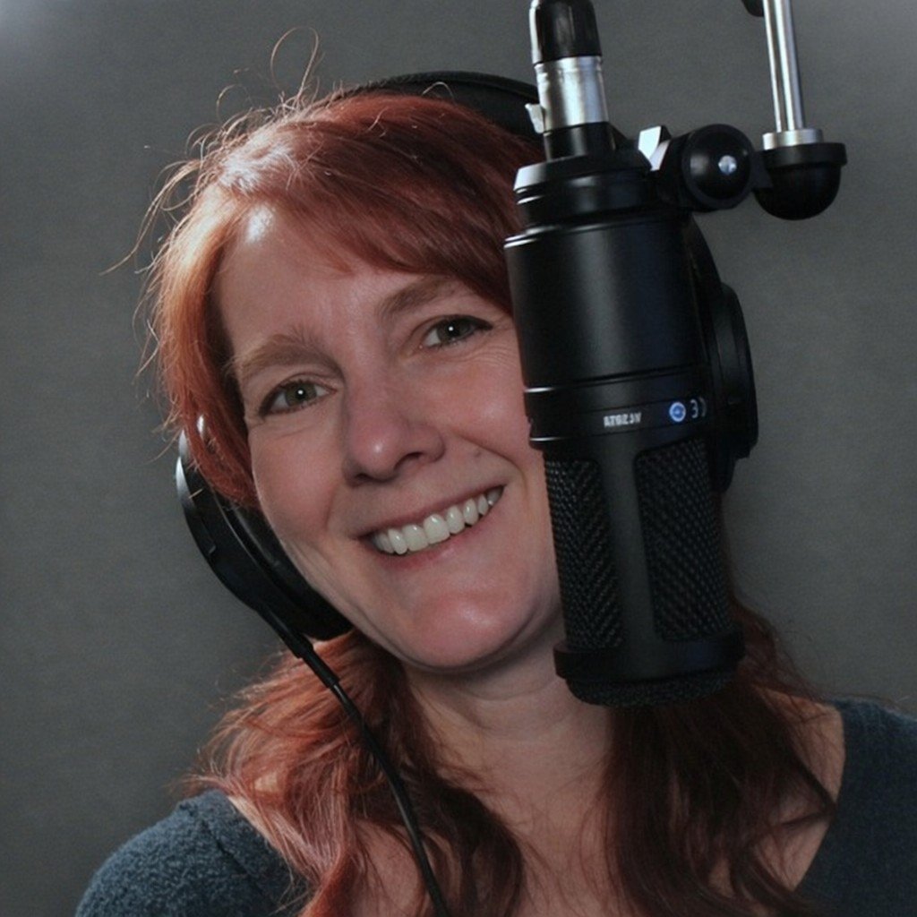 Female voice artist wearing headphones in a recording studio, smiling at the camera with a microphone in front of her.