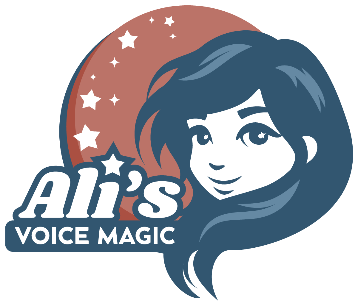 Logo for "Ali's Voice Magic" featuring stylized female face and stars.