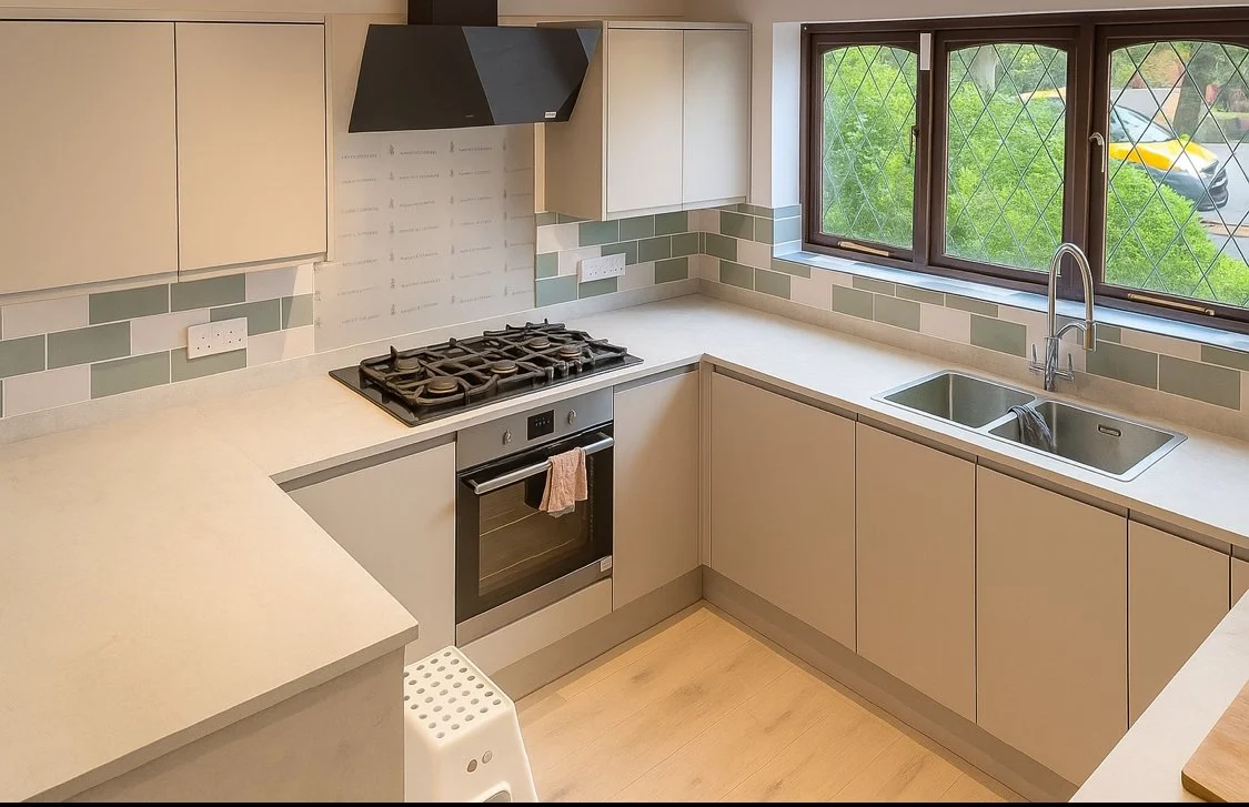 A modern kitchen with beige cabinets, a gas stovetop, an oven, a double sink under large windows, and green and white tiled backsplash.