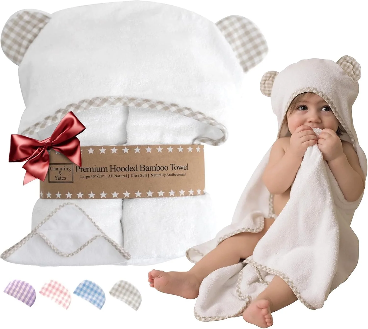 Channing & Yates Premium Organic Baby Towel Set - Soft Viscose Bamboo Hooded Towel & Washcloth - Girl & Boy Bath Essentials (Beige/White) $29.99