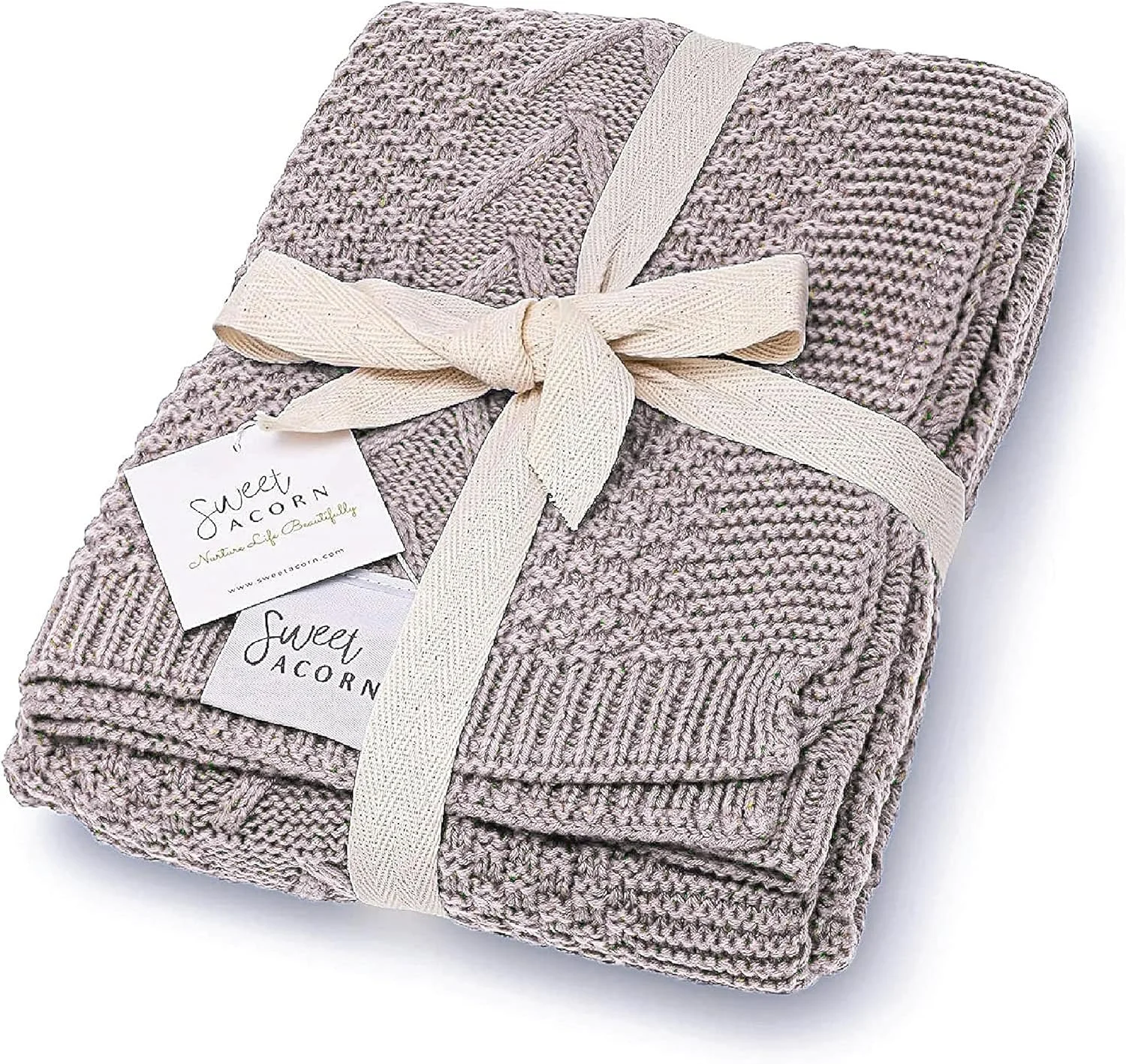 Sweet Acorn Knit Baby Blanket in Cable Pattern, Organic Cotton Blankets for Crib or Stroller, Receiving Blankets - Fog Grey $42.00