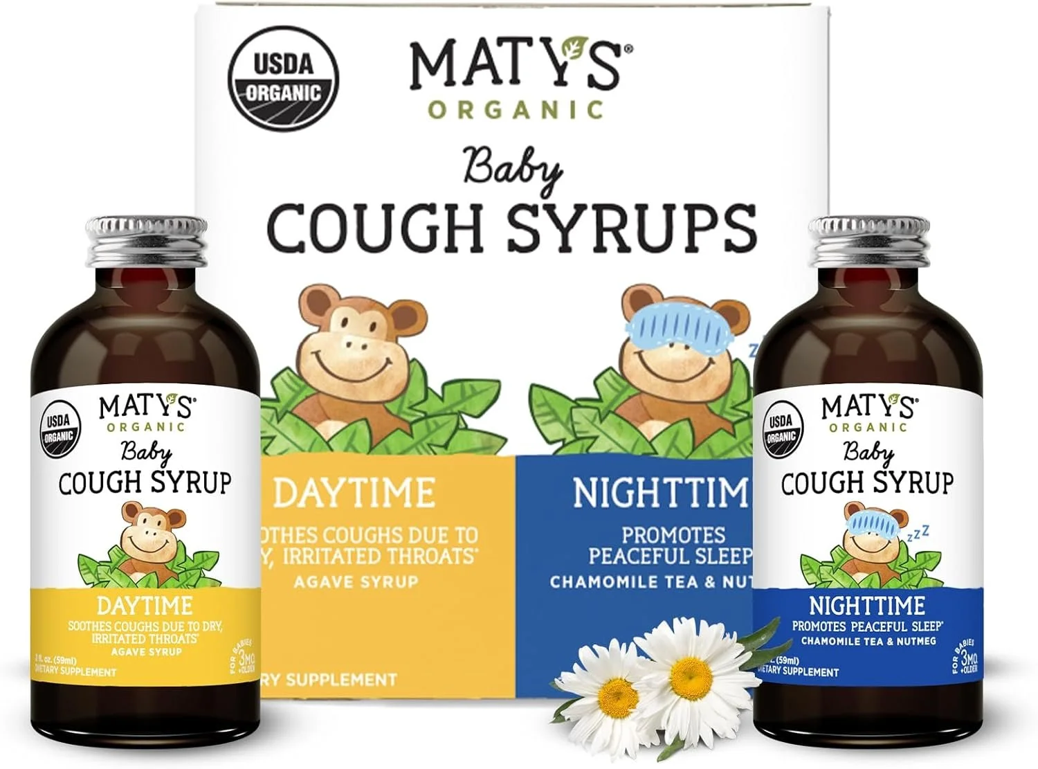 Matys Organic Baby Cough Syrup Day & Night Value Pack For Babies & Infants 3 Months + Up, Soothing Daytime & Nighttime Cough Relief, Made with Agave Syrup, Melatonin & Dye Free, 2 Pack, 2 Fl Oz Each $12.59