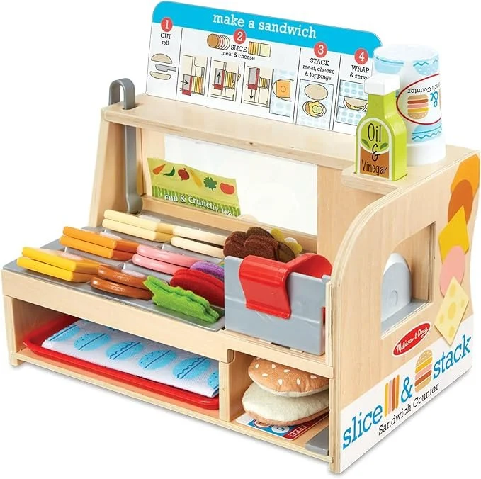 Melissa & Doug Wooden Slice & Stack Sandwich Counter with Deli Slicer – 56-Piece Pretend Play Food Pieces $33.10