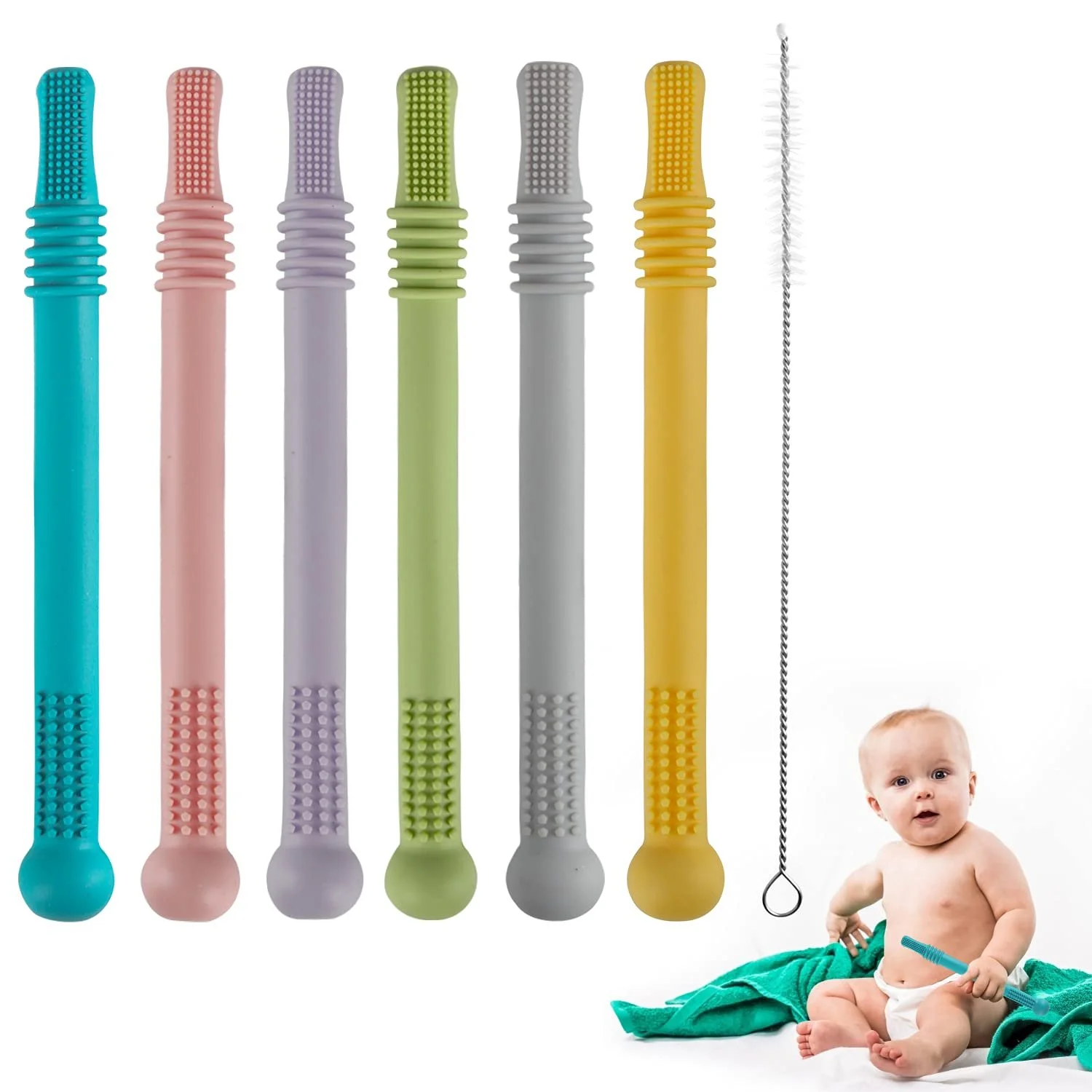 Fu Store Hollow Teether Tube Chew Straw Sensory Toy for Infant Toddlers Silicone Tubes Teething Toys for Babies 3-12 Months 0-36 Months Gifts Learning Developmental Toys BPA Free Freezable 6 Pack $6.99
