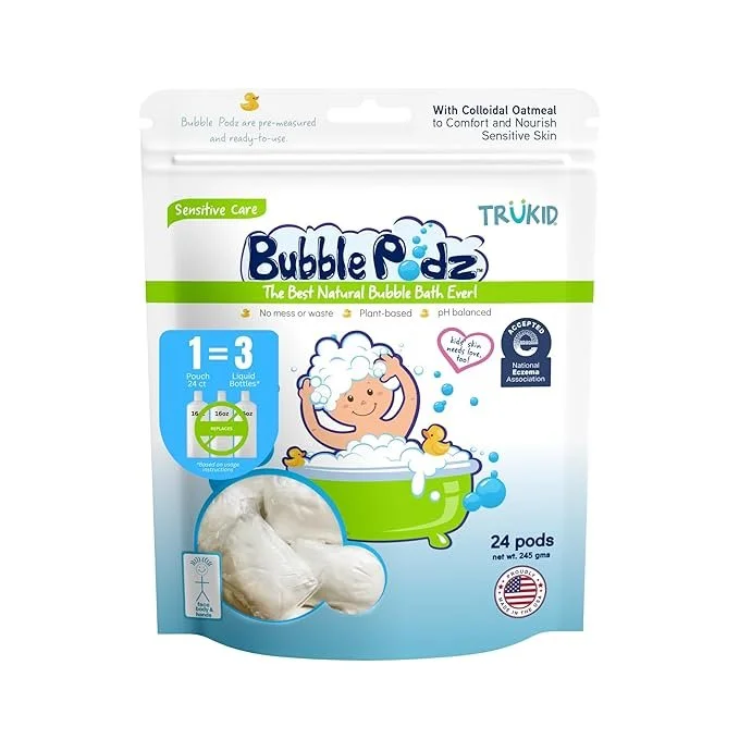 TruKid Bubble Podz Bubble Bath for Baby & Kids, NEA-Accepted for Eczema, Gentle Refreshing Colloidal Oatmeal Bath Bomb for Sensitive Skin, pH Balance 7 for Eye Sensitivity, Unscented (24 Podz) $21.59