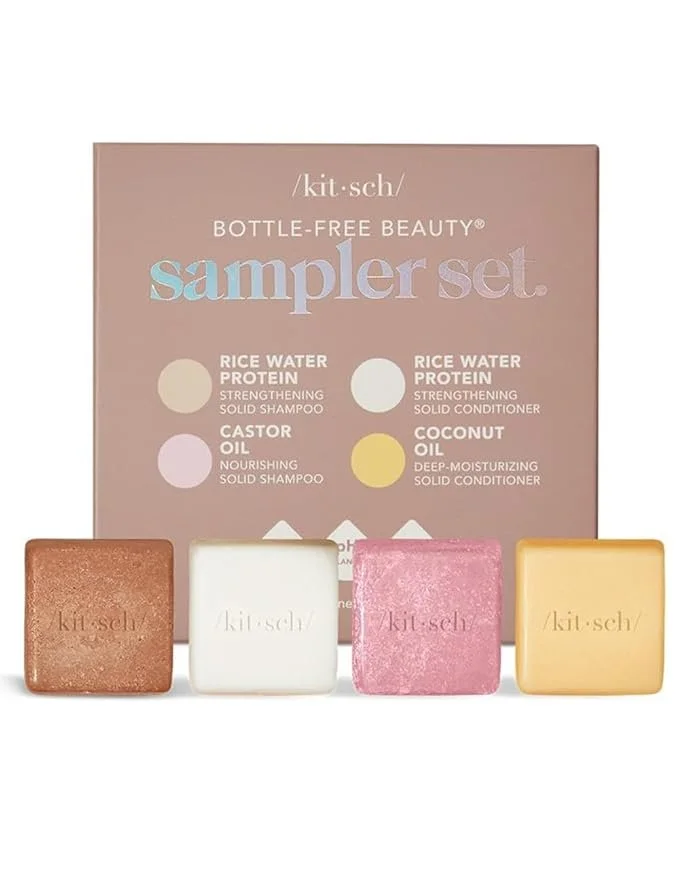 Kitsch 4pc Sampler Solid Shampoo and Conditioner Set - Rice Bar & Castor Oil Shampoo and Rice Bar & Coconut Oil Deep-Moisturizing Hair Conditioner, Zero Waste - $15.99