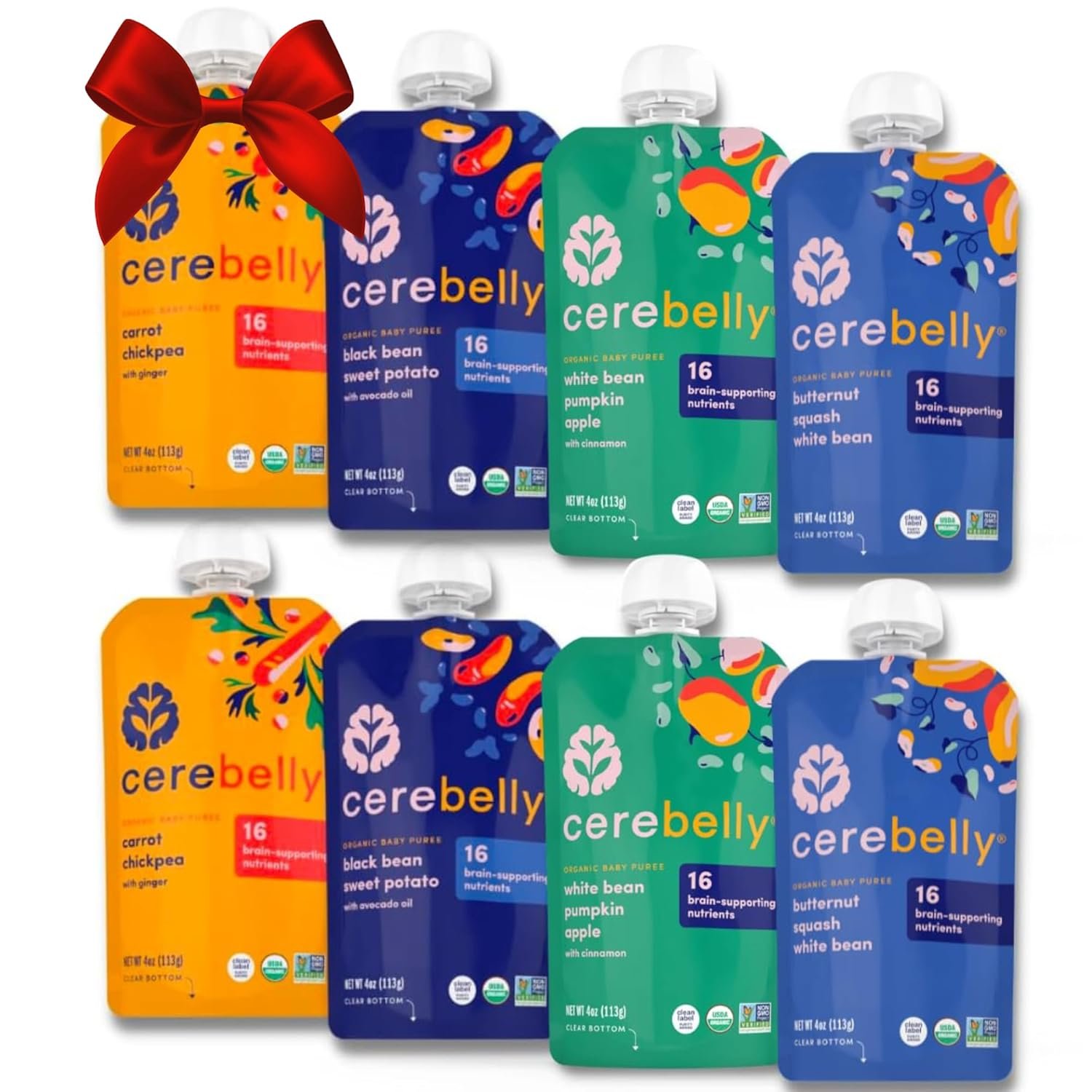 Cerebelly Baby Food Pouches - Organic Beans & Veggies Purees Variety Pack (4 oz, Pack of 8) Toddler Snacks - 16 Brain-supporting Nutrients - Healthy Snacks, Gluten-Free, BPA-Free, Non-GMO $24.29