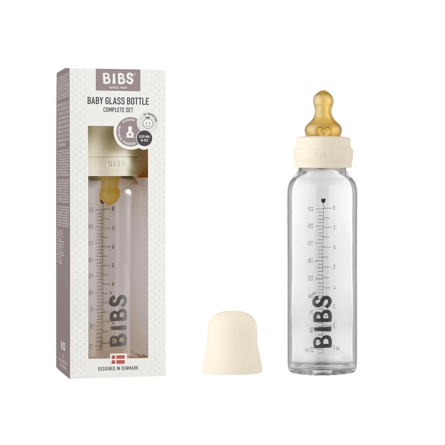 
BIBS Baby Glass Bottle Complete Set 225 ml | BPA Free Natural Rubber | Made in Denmark | Ivory $13.95