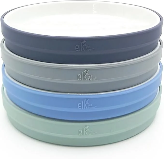 Elk and Friends Kids 7.8” Porcelain White Plates with Silicone Sleeves | Suitable for Kids/Toddlers | Microwave & Dishwasher Safe | Non Slip | Snack Dishes $36.99