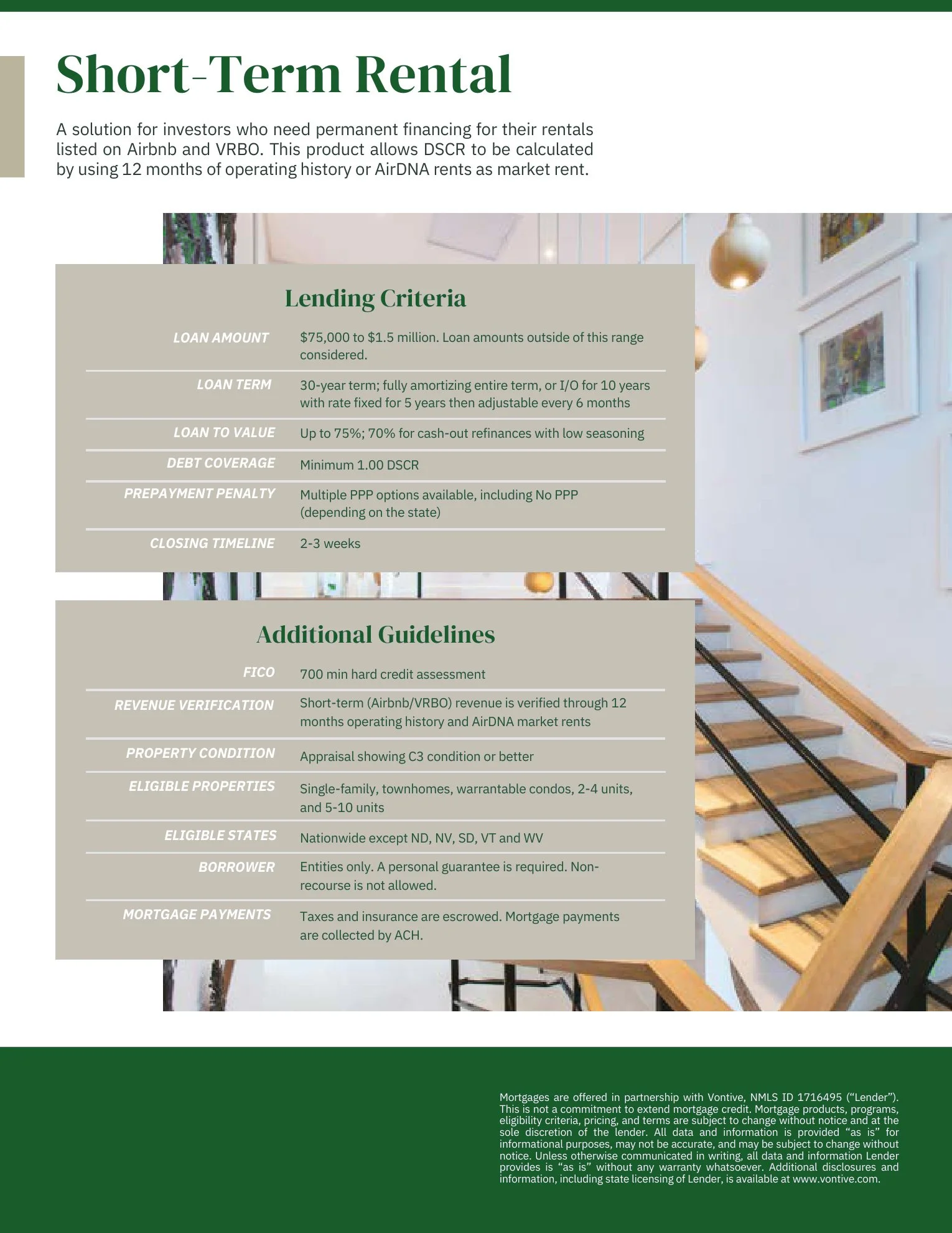 Flyer titled 'Short-Term Rental' with information about lending criteria and additional guidelines, featuring images of a staircase and interior decor.