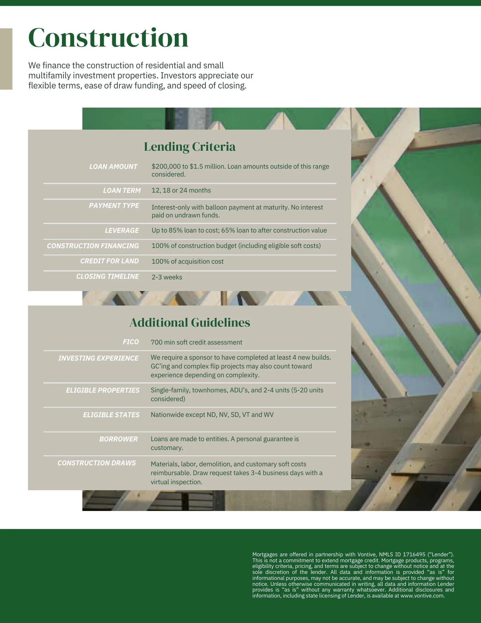 A construction financing informational flyer with details about loan criteria and additional guidelines, overlaid on a background of construction wooden framing.