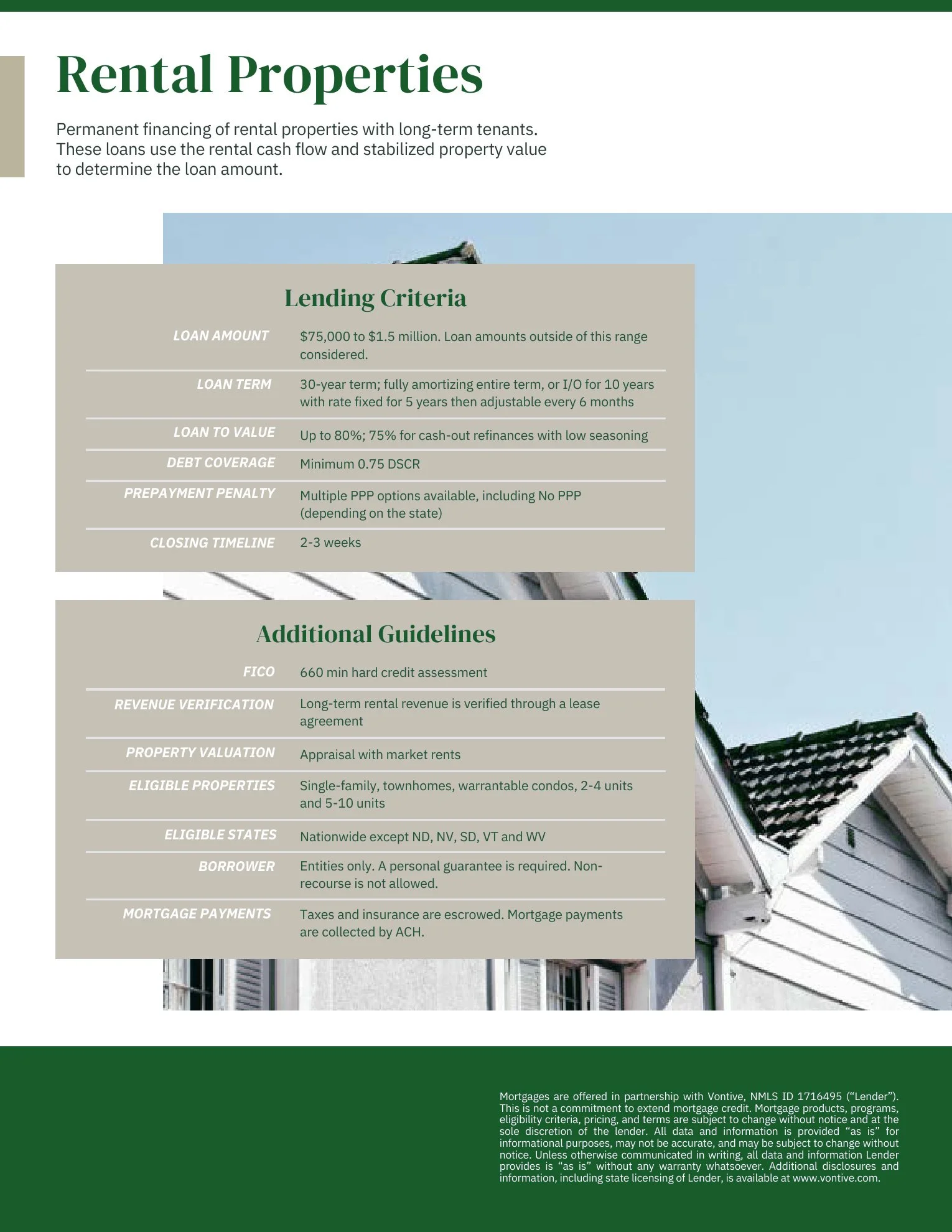 Information about rental property loans and guidelines, including criteria for loan amounts, terms, value, coverage, penalties, and closing timeline, as well as additional guidelines on credit assessment, property valuation, eligible properties and states, borrower requirements, and mortgage payments.