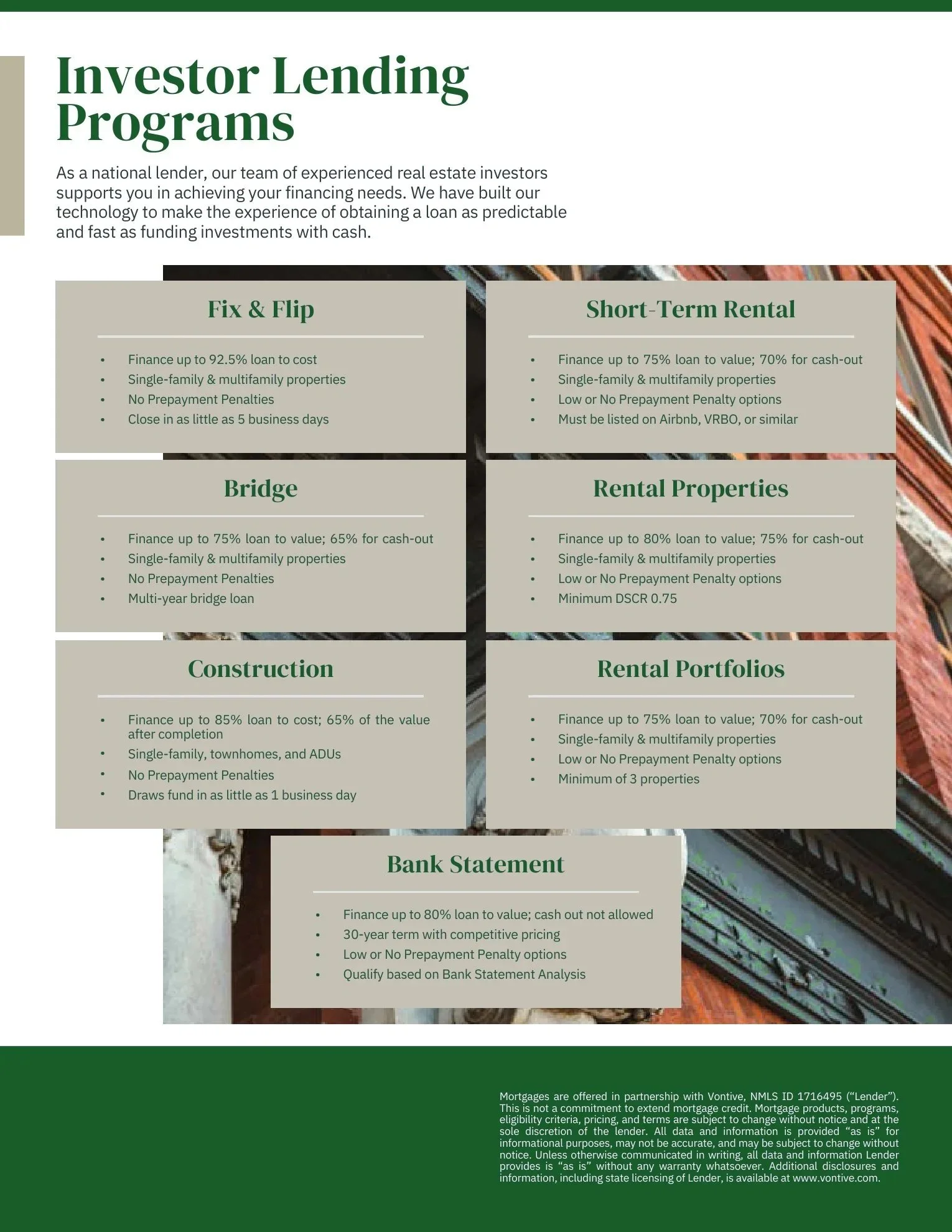 A brochure for investor lending programs featuring options for Fix & Flip, Short-Term Rental, Bridge, Rental Properties, Construction, Rental Portfolios, and Bank Statement loans, with details on loan percentages, property types, and requirements.