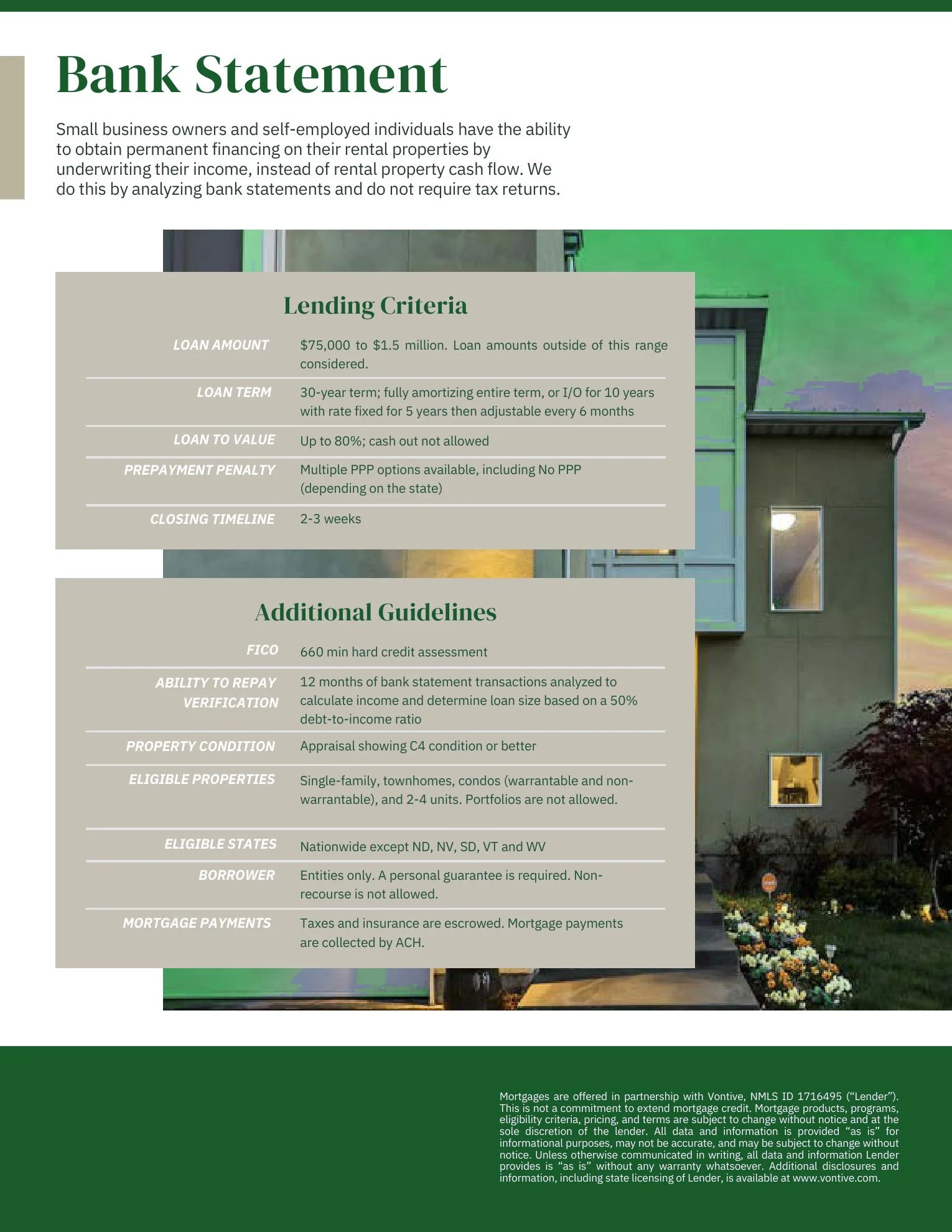 A detailed informational poster about a bank statement for small business owners and self-employed individuals, including lending criteria, guidelines, and additional information.