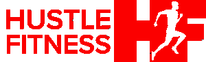 Hustle Fitness logo with red and black text and a running figure