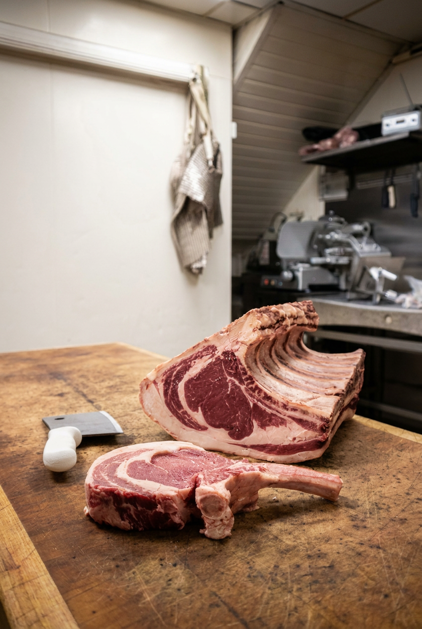 A large raw tomahawk steak on a wooden cutting board in a butcher shop or kitchen, with a meat cleaver and a butcher's knife nearby. In the background, there is equipment and shelves, with a cloth hanging on the wall.
