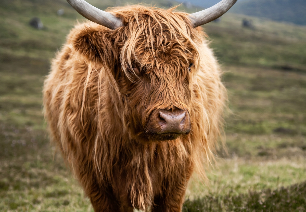 A Highland cow with long shaggy reddish-brown fur and horns standing in a grassy field with blurred hills in the background.