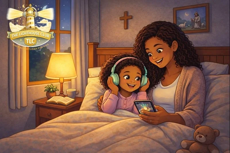 A mother and daughter smiling and listening to music together in bed at night, with a lamp and a window showing an outside scene. There is a teddy bear on the bed and religious pictures on the wall.