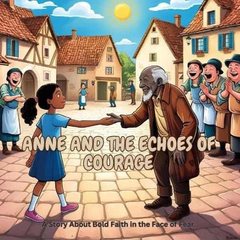 A young girl in a blue dress shakes hands with an elderly man with white hair and a beard in a town square, surrounded by smiling children and women. The sky is blue with a bright sun, and the scene conveys a message of courage and bold faith.