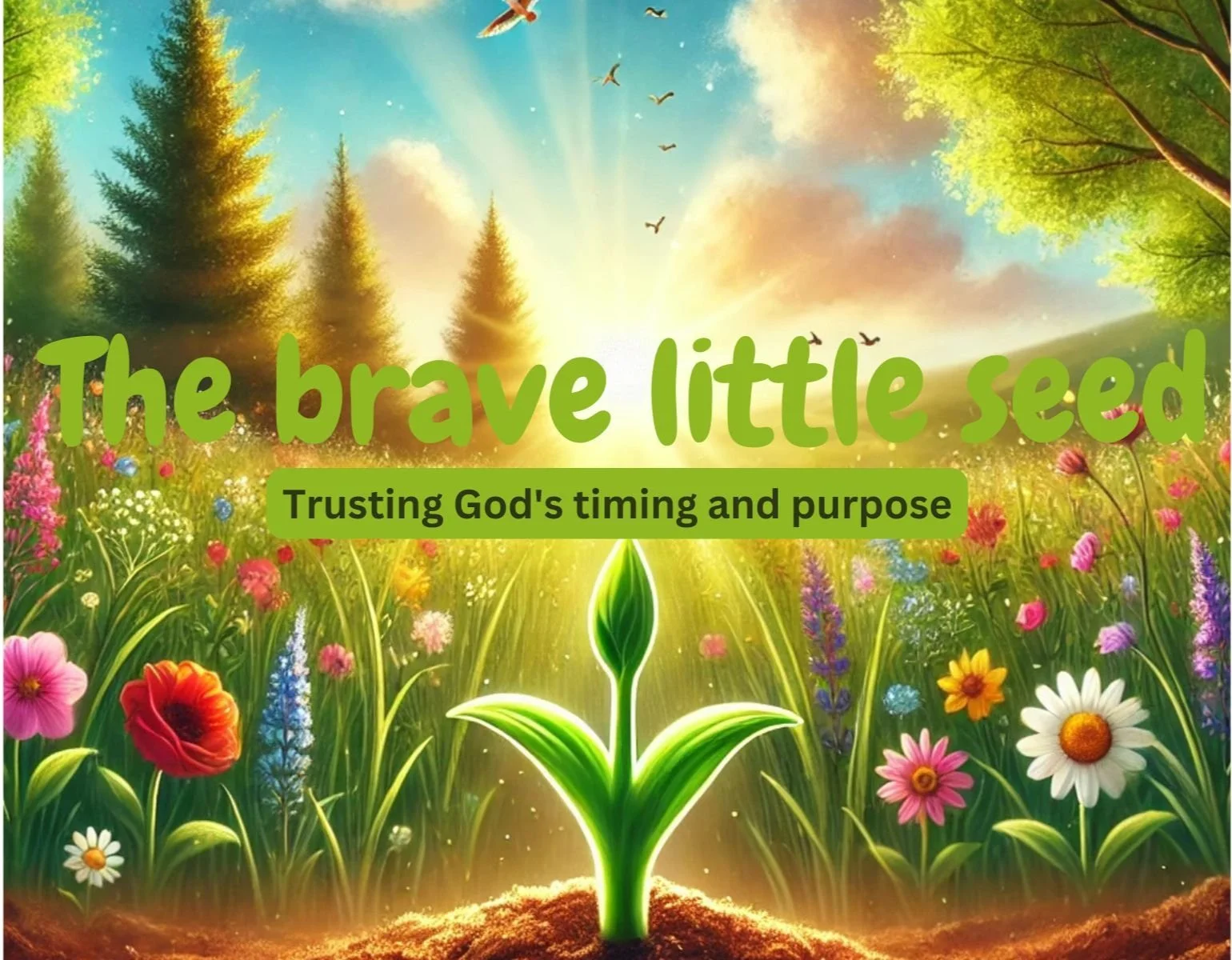 A colorful illustration of a sprouting plant in the center with a vibrant garden of flowers, trees, and a bright sun in the background. Title text reads "The brave little seed" with a subtitle "Trusting God's timing and purpose".