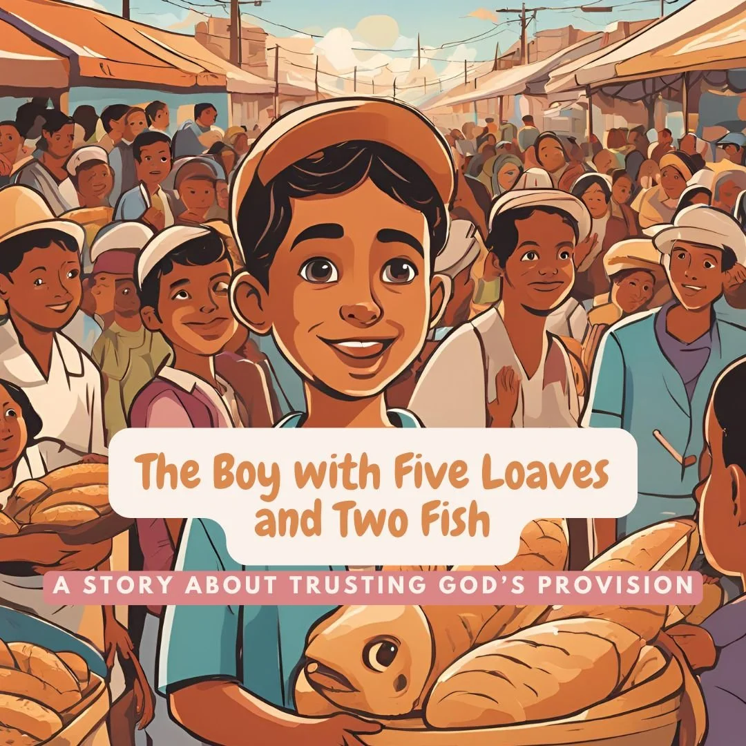 Illustration of a boy with five loaves of bread and two fish at a marketplace or outdoor market, with a crowd of people in the background. The scene is bright and lively, depicting a story about trusting God's provision.