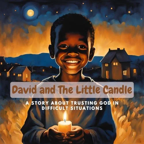 A cover illustration for a story titled "David and The Little Candle," featuring a smiling young boy holding a lit candle at night, with houses and a full moon in the background.