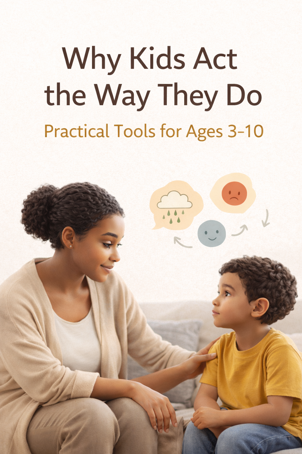 A woman talking to a young boy with a playful graphic of clouds, rain, a sad face, and a happy face indicating mood changes.