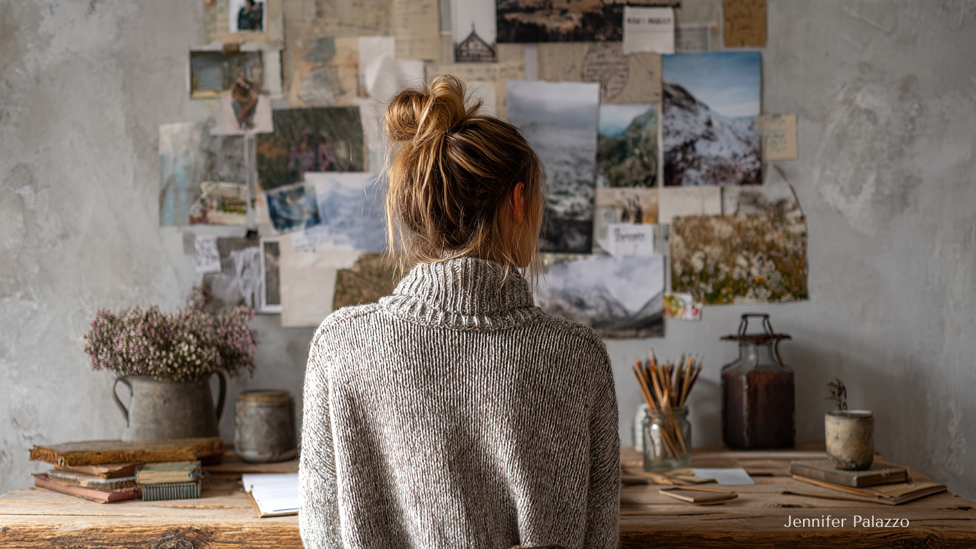 A woman with blonde hair in a bun, wearing a gray knitted sweater, stands with her back to the camera in front of a wall decorated with photographs and postcards. The wooden table in front of her has books, jars, and a vase with flowers.
