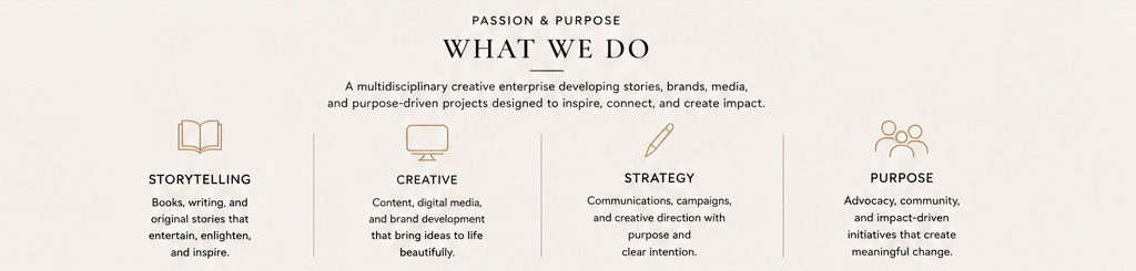 Infographic titled 'What We Do' with sections on storytelling, creative, strategy, and purpose, each with icons and descriptions.