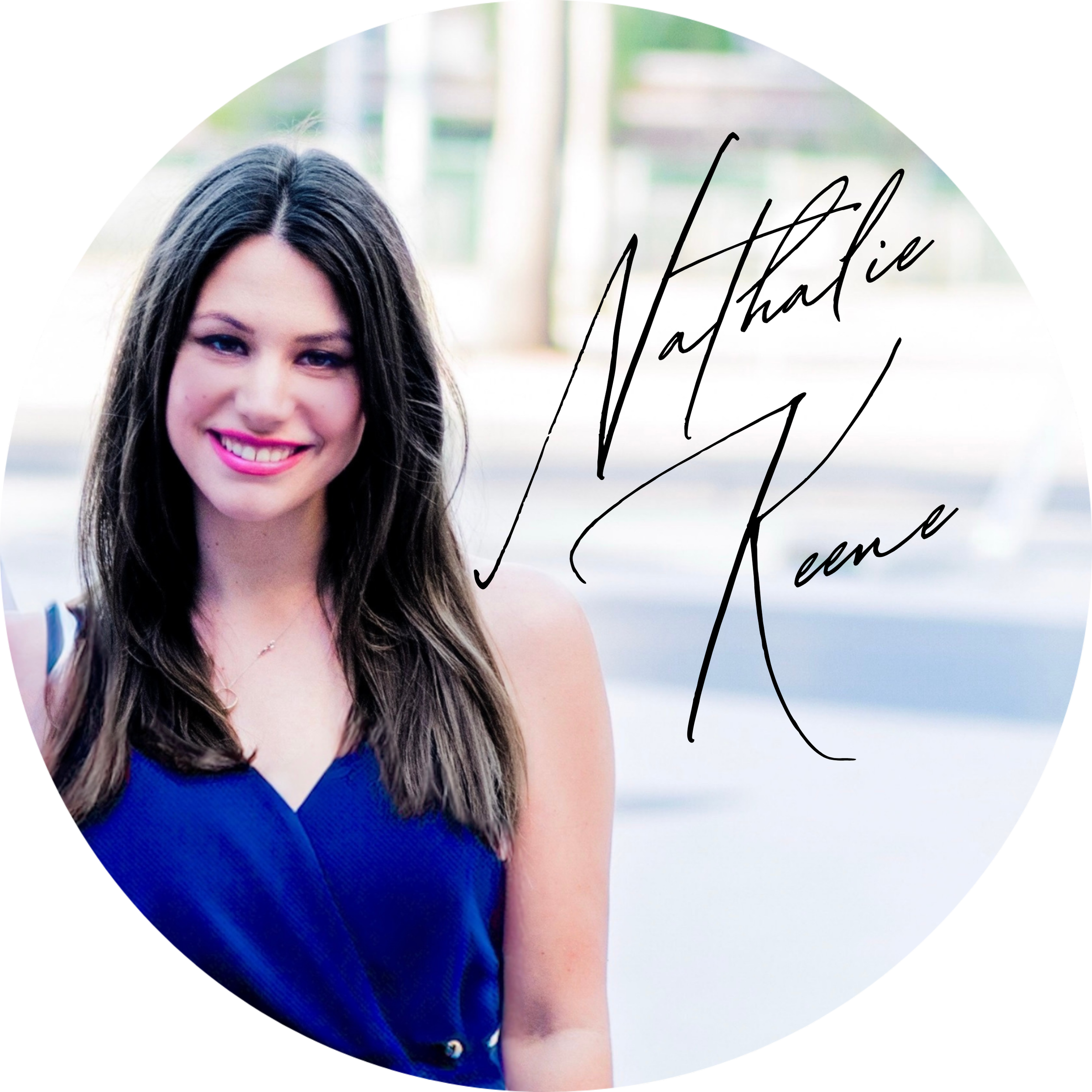 A woman with long dark hair smiling, wearing a blue top, with a background of blurred outdoor setting and handwritten-style text that reads "Mathilde Keene".