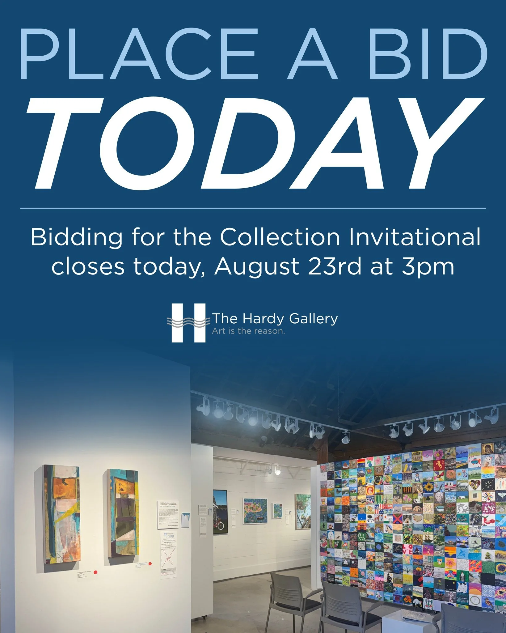 Bidding closes TODAY! Stop by the Hardy Gallery before 3pm to see the Collection Invitational and place a last minute bid on available artwork. 
The gallery will be closed this week, beginning today at 3pm. We will be reopening for the Opening Recept