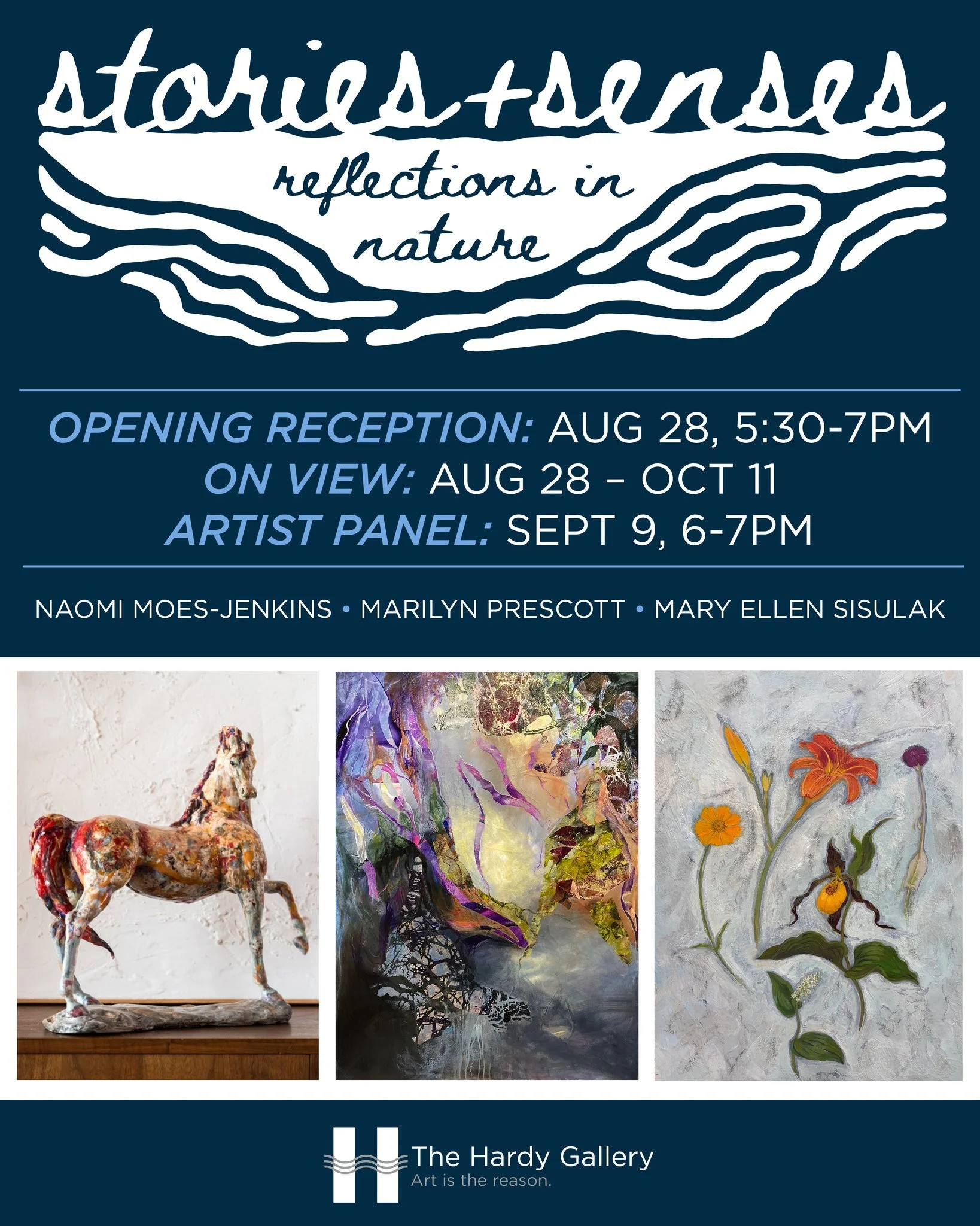 Join us this Friday, August 28th, 5:30-7pm for the Opening Reception to Stories+Senses: Reflections in Nature, featuring Naomi Moes-Jenkins, Marilyn Prescott, and Mary Ellen Sisulak. All working in our region, these three artists are all engaged in t
