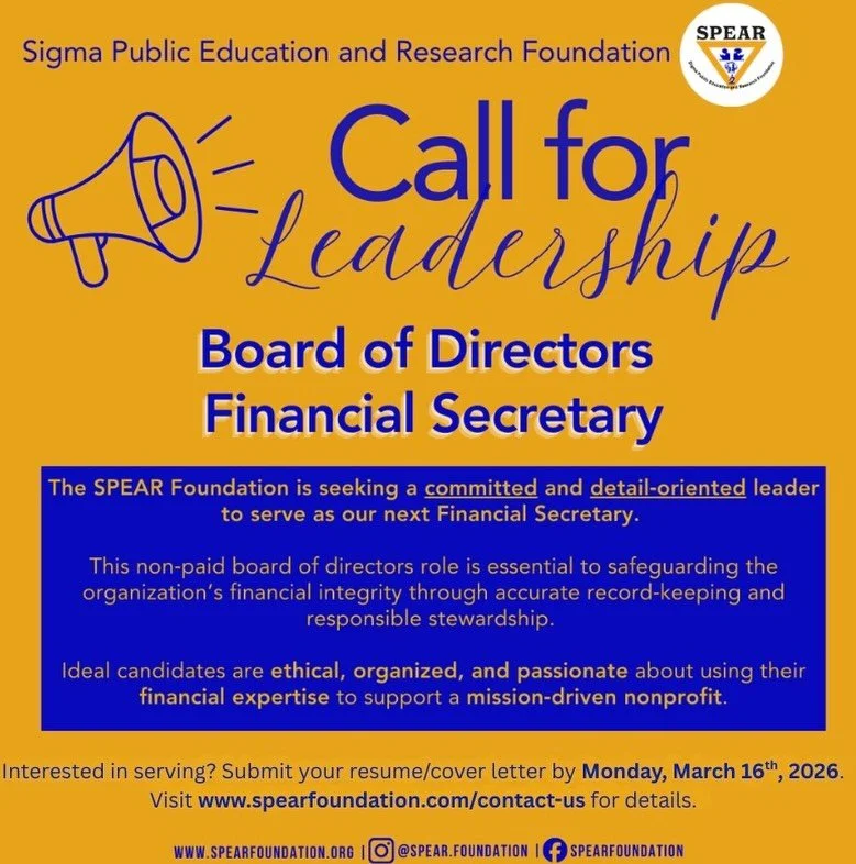 SPEAR Leadership Opportunity Available 

The SPEAR Foundation is currently seeking a committed professional to serve as our next Financial Secretary on the Board of Directors.

If you have strong financial skills and a passion for supporting communit