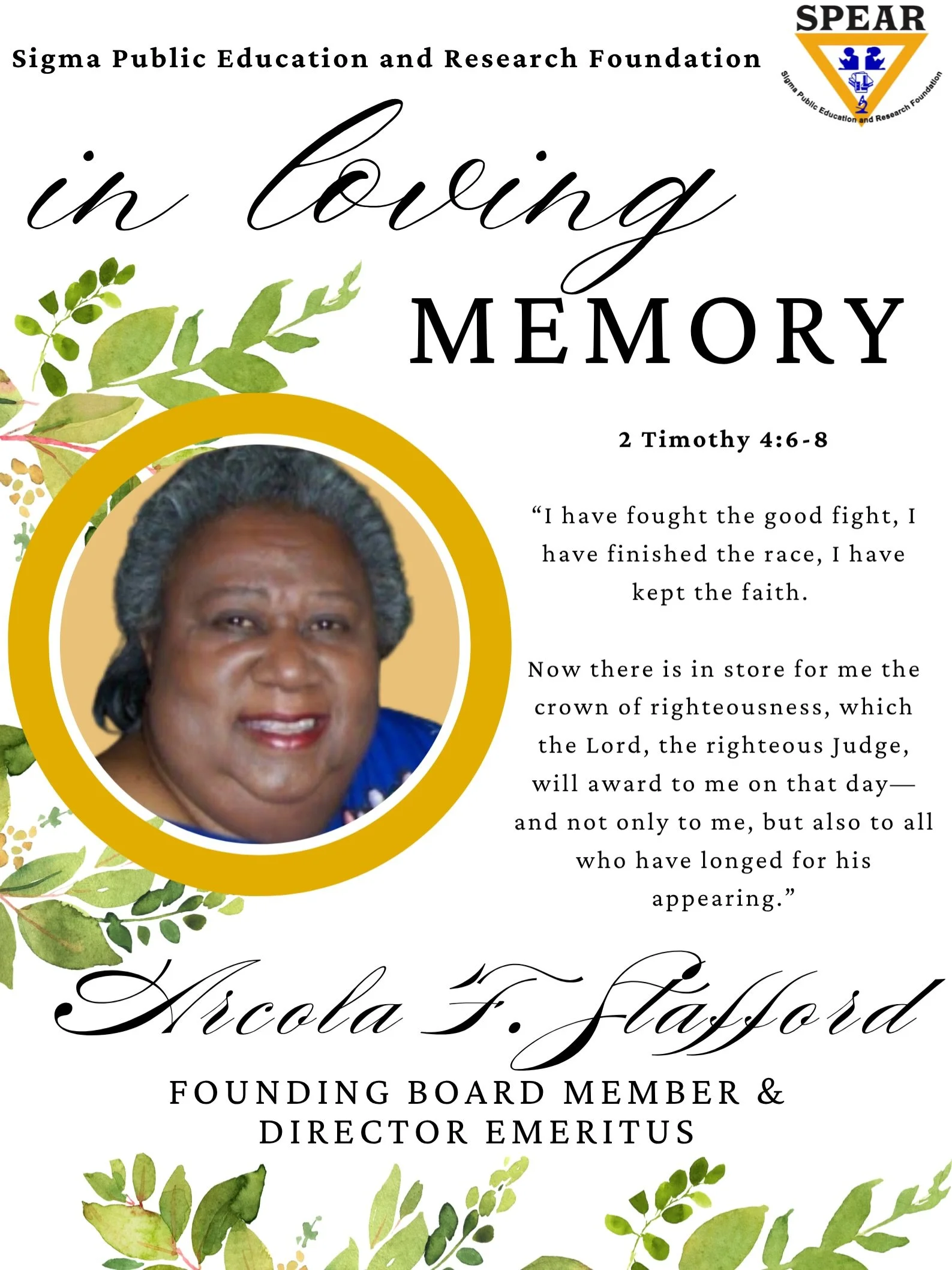 Today, we honor the life and legacy of Arcola F. Stafford (@arcolastafford) &mdash; founding board member, Emeritus Director, educator, trailblazer, and faithful steward of the SPEAR Foundation, who made her Earthly transition this morning.

Since 19