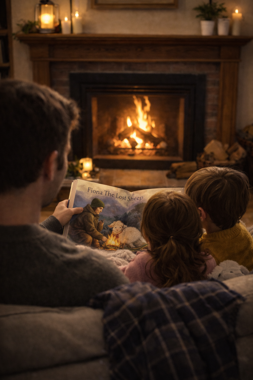 a dad and two children reading Fiona The Lost Sheep together on a couch in front of a fireplace.