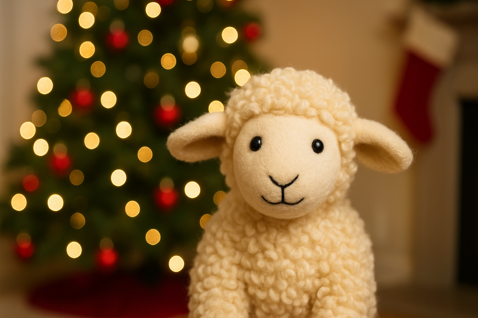 stuffed animal sheep with christmas tree in the background