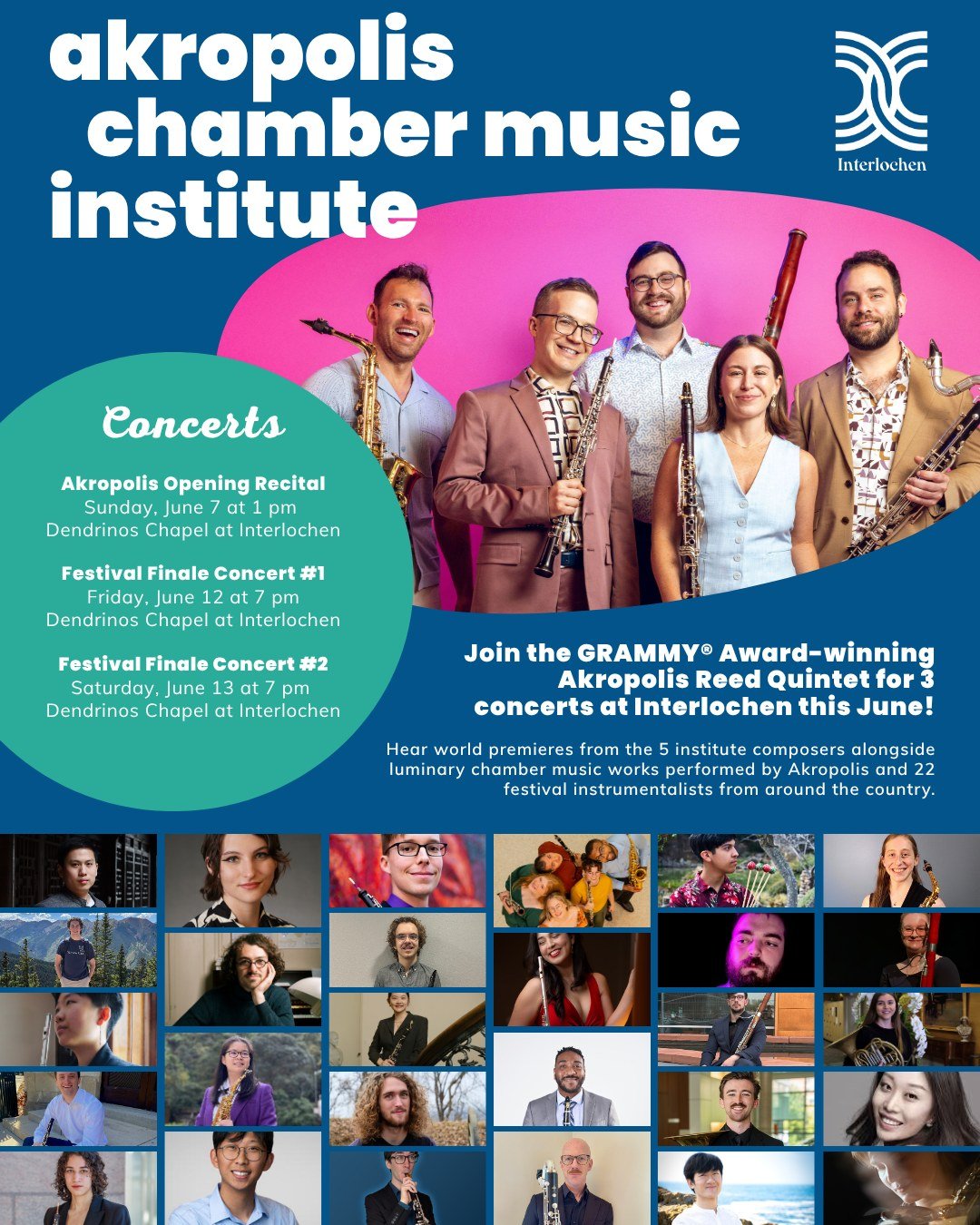 The Akropolis Chamber Music Institute starts 1 month from today! 🎉 We're excited to announce the 4 FREE public concerts that will take place @interlochenarts beginning June 7th. All concert details can be found on our website ~ akropolisquintet.org/
