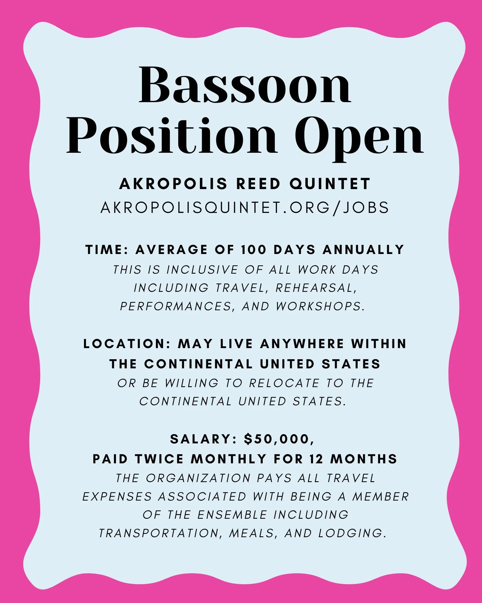 🎶🎉 Akropolis is hiring a bassoonist! akropolisquintet.org/jobs

After announcing the departure of founding bassoonist Ryan Reynolds, Akropolis seeks a new, permanent bassoonist, the first personnel change in our 18-year history.&nbsp;We are seeking