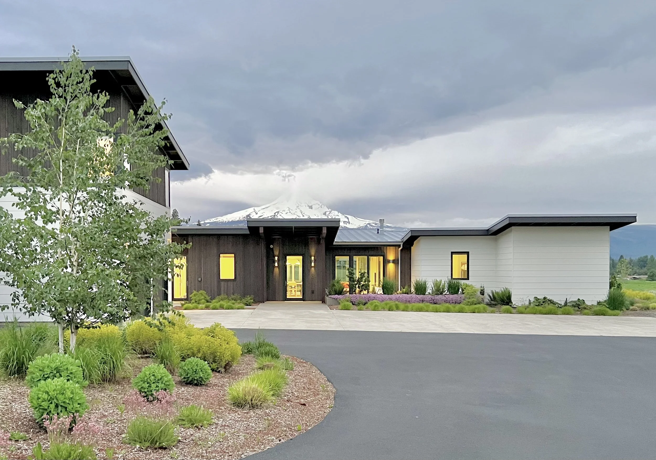 Modern house with landscaped garden, mountain in background, overcast sky.