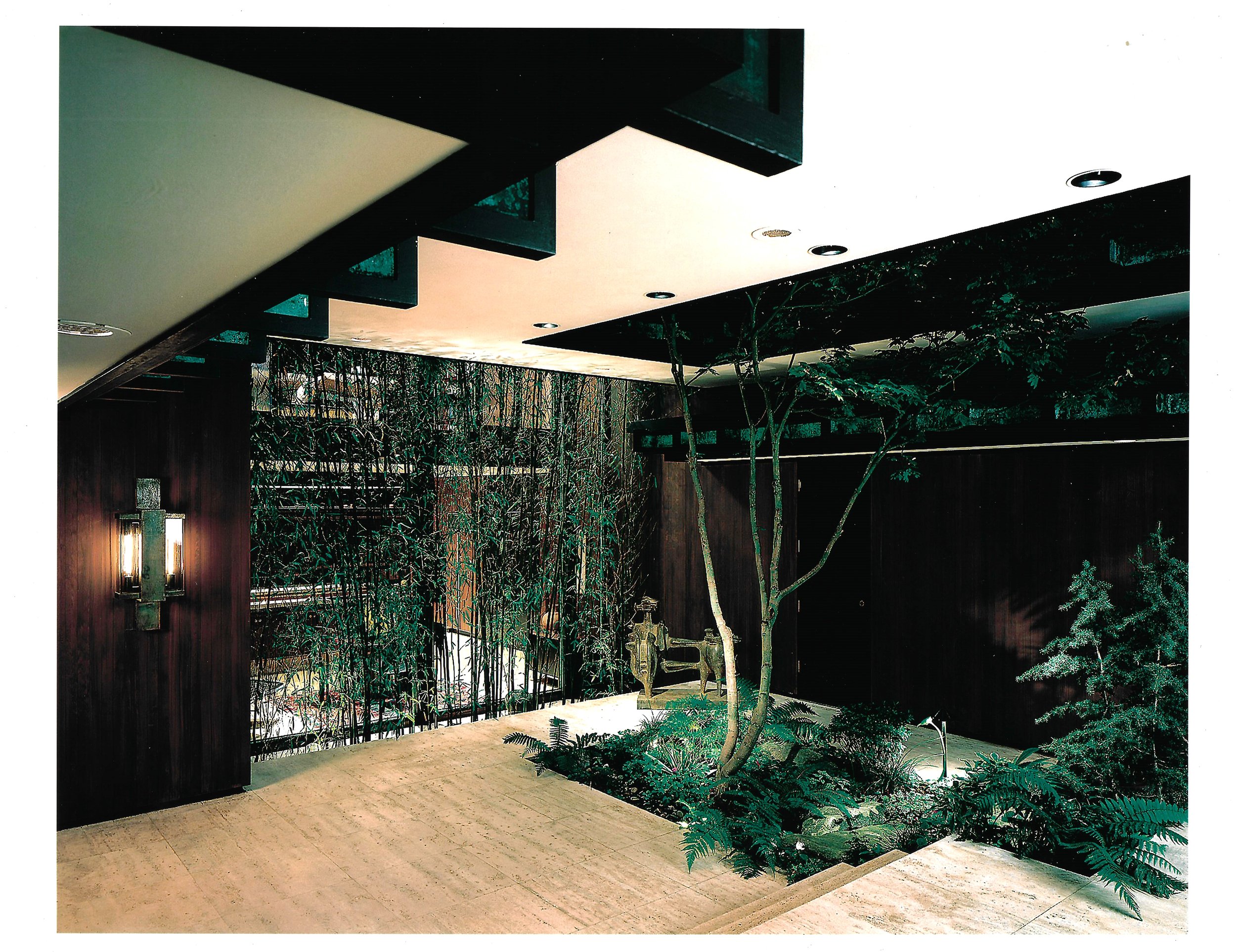 Interior space with plants and minimalistic decor, featuring a ceiling light fixture, indoor greenery, and a wooden wall with a modern lamp.
