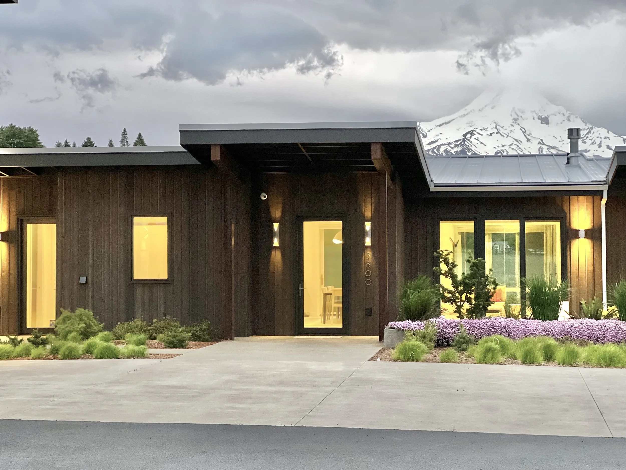 Modern house with dark wood siding and large windows, a mountain visible in the background under a cloudy sky.