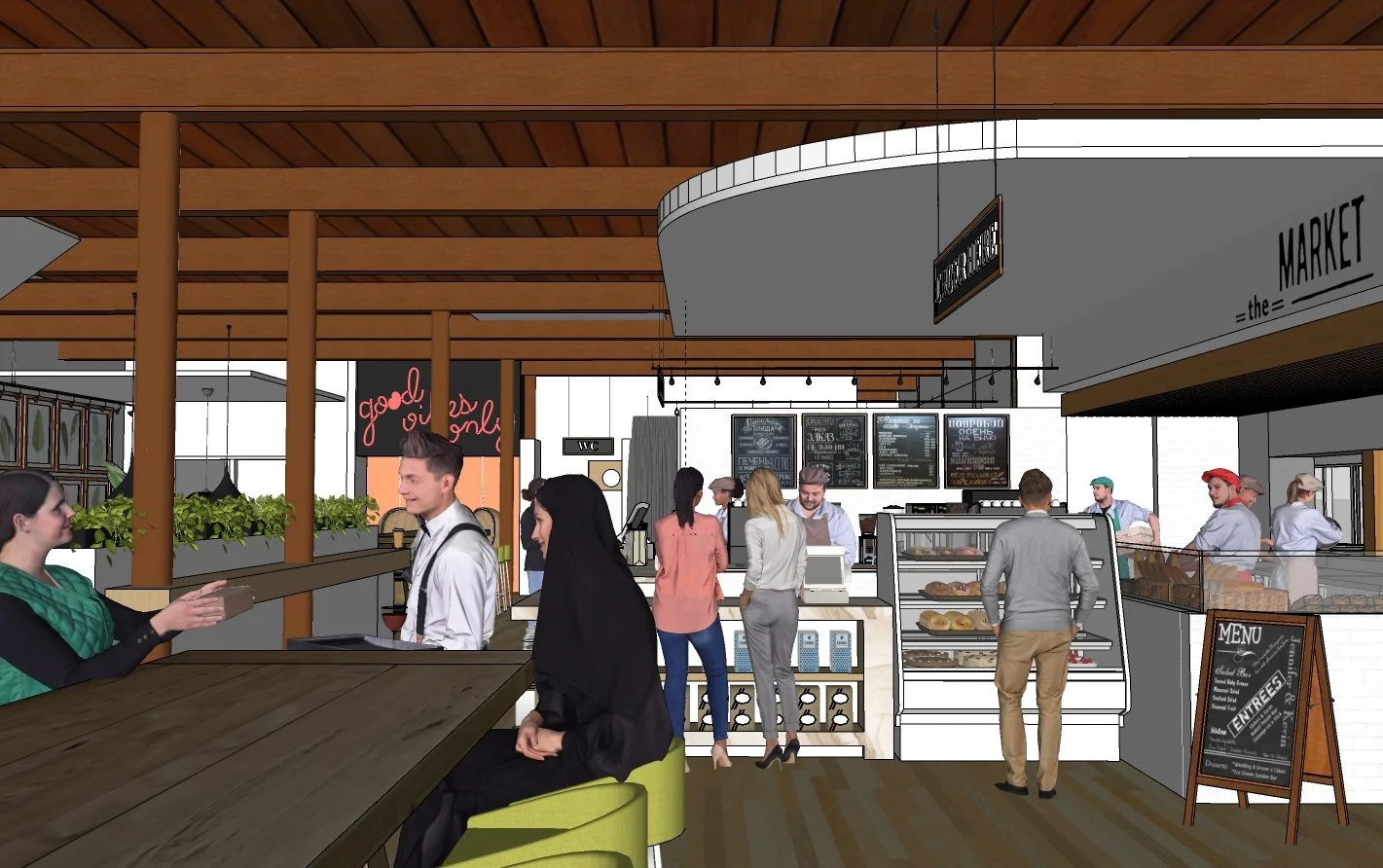 Interior of a modern café with patrons at a counter and seating area. The design features wooden beams, a chalkboard menu, and a pastry display. People are interacting, ordering, and enjoying coffee in a cozy atmosphere.