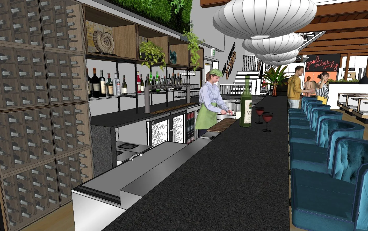 3D rendering of a modern bar interior with wine bottles and glasses on a countertop, blue chairs, a bartender preparing drinks, and customers interacting.