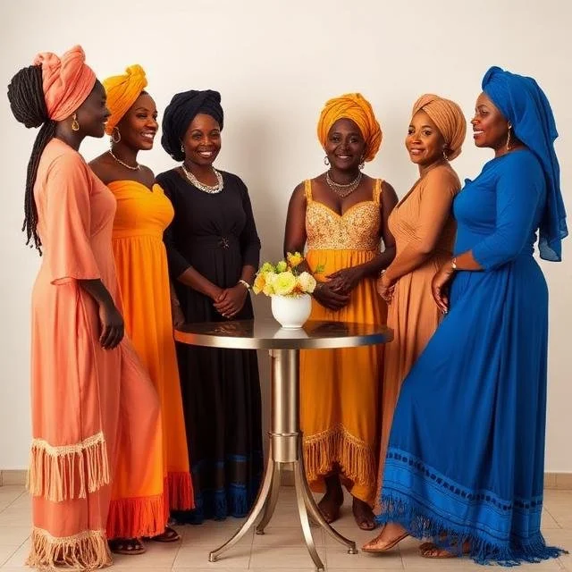 Six women dressed in colorful traditional dresses and headwraps standing around a table with a flower arrangement.