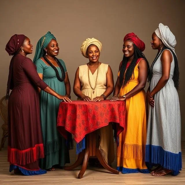 Five women wearing colorful dresses and headwraps stand around a small table with a red tablecloth, smiling at each other against a plain background.
