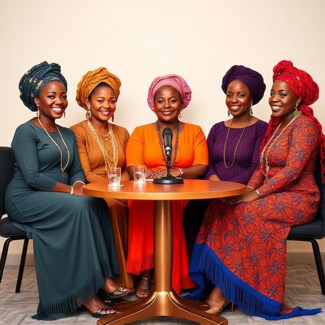 Five women in colorful traditional African attire and headwraps, sitting around a table with glasses of water, smiling for a photo.