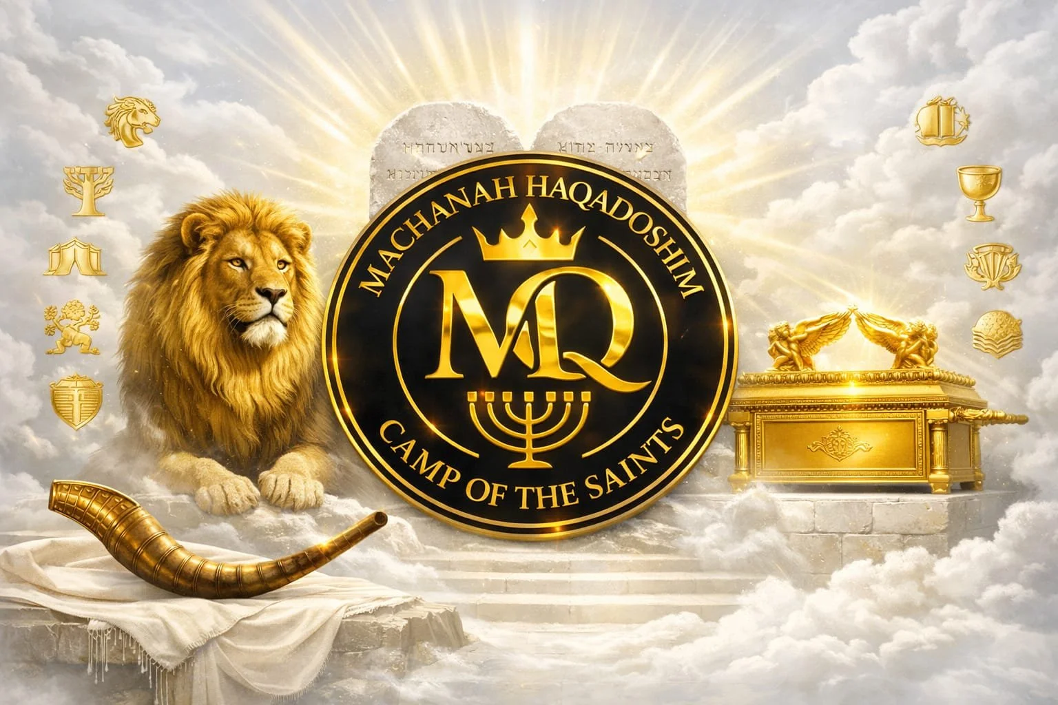 A graphic with a lion, a menorah, and the words 'Machana Haqadoshim Camp of the Saints' around a central emblem featuring a crown and the letters 'MQ'. Gold and white colors dominate the image, with clouds and rays of sunlight in the background, and various gold symbols and objects surrounding the central emblem.