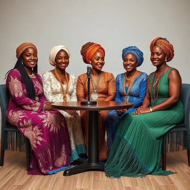 Five women dressed in colorful traditional outfits sitting behind a table with a microphone, smiling for a photo.