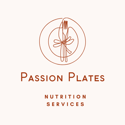 Logo for Passion Plates Nutrition Services featuring a stylized fork, knife, and spoon tied together in a bow inside a circle.